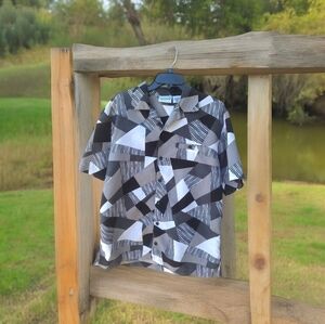 Irvine Park Button Shirt Men Size Med Geo Retro Art Gray Pocket Short Sleeve Hip